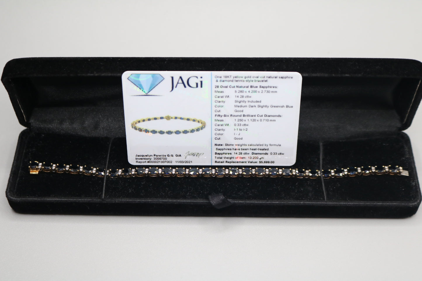18K Yellow Gold Oval Cut Natural Sapphire and Diamond Tennis-Style Bracelet (Length 7.5 Inches) (Local Pick-Up Only)