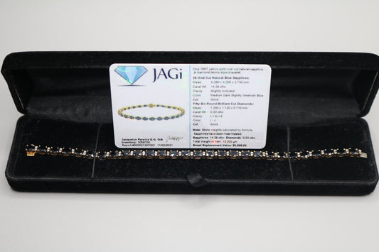 18K Yellow Gold Oval Cut Natural Sapphire and Diamond Tennis-Style Bracelet (Length 7.5 Inches) (Local Pick-Up Only)