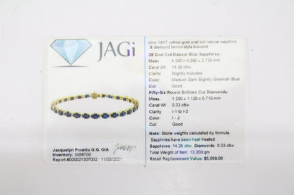 18K Yellow Gold Oval Cut Natural Sapphire and Diamond Tennis-Style Bracelet (Length 7.5 Inches) (Local Pick-Up Only)