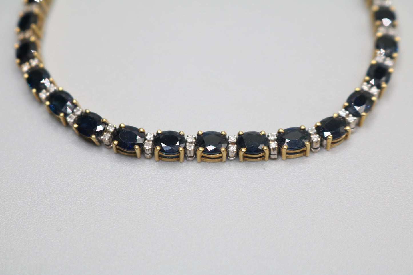 18K Yellow Gold Oval Cut Natural Sapphire and Diamond Tennis-Style Bracelet (Length 7.5 Inches) (Local Pick-Up Only))