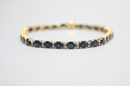 18K Yellow Gold Oval Cut Natural Sapphire and Diamond Tennis-Style Bracelet (Length 7.5 Inches) (Local Pick-Up Only)