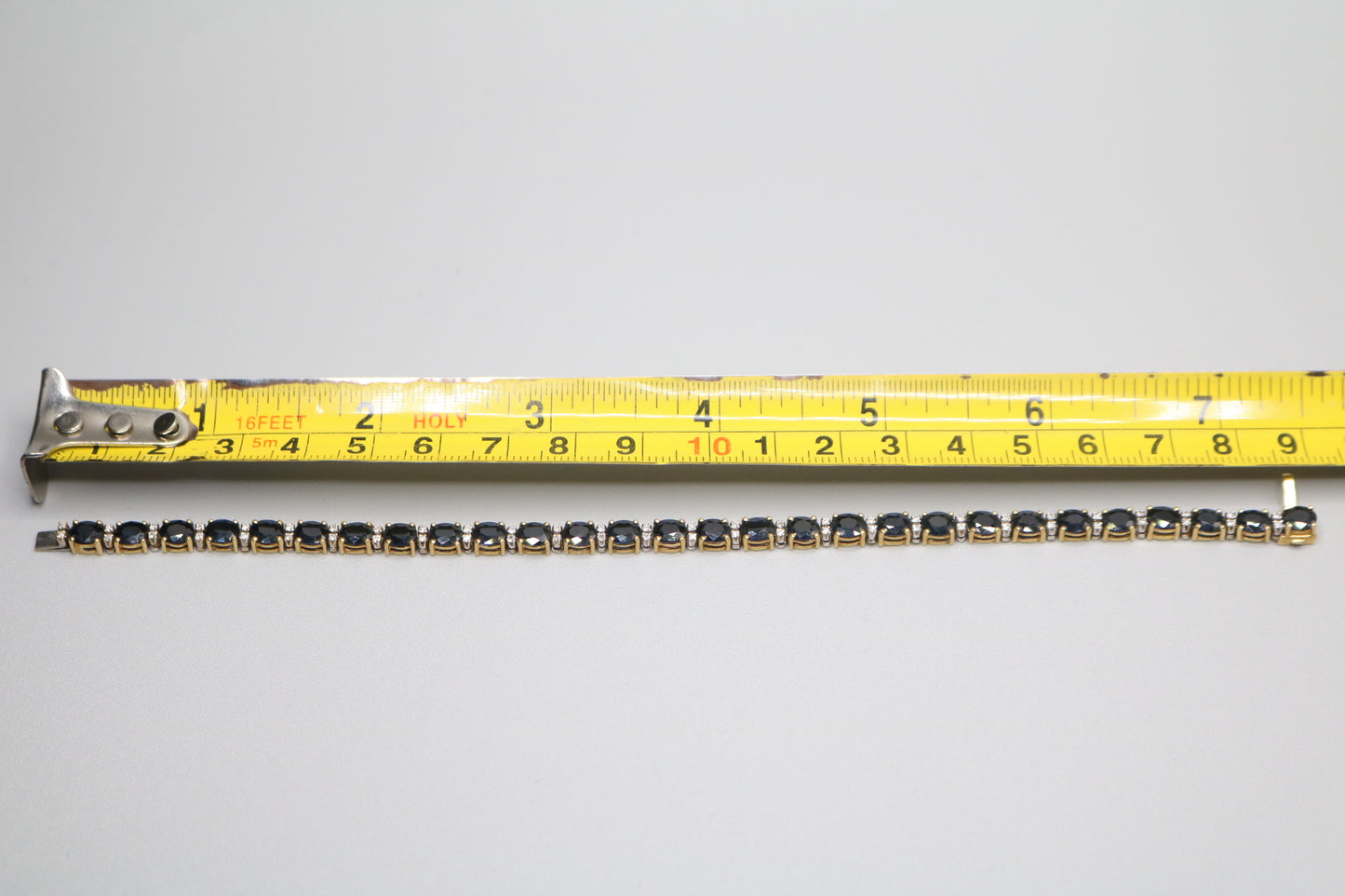 18K Yellow Gold Oval Cut Natural Sapphire and Diamond Tennis-Style Bracelet (Length 7.5 Inches) (Local Pick-Up Only)