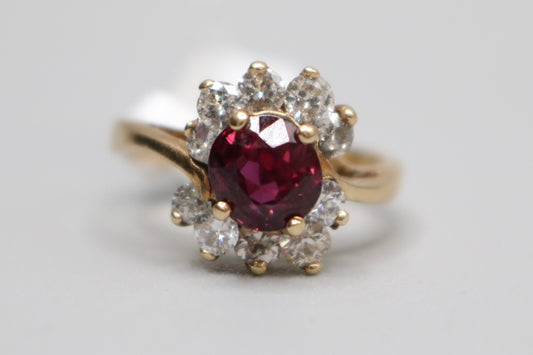 10K Yellow Gold Diamond Halo Ring with center Ruby (Size 5)