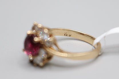10K Yellow Gold Diamond Halo Ring with center Ruby (Size 5)