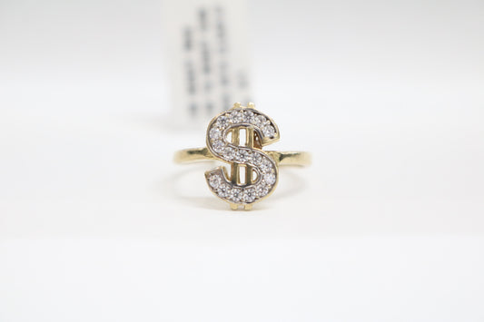 10K Yellow Gold Money Sign Ring w/ Clear Stones (Size 6)