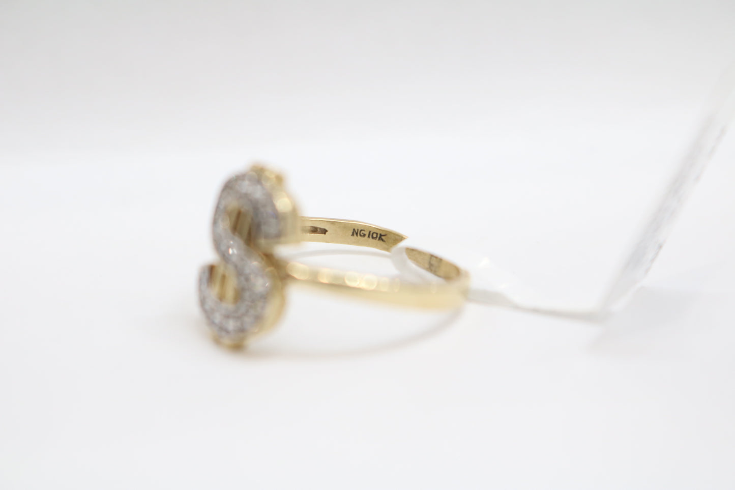 10K Yellow Gold Money Sign Ring w/ Clear Stones (Size 6)