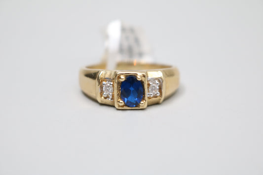 14K Yellow Gold Fancy Style Men's Ring W/ Center Blue Stone 11 1/4