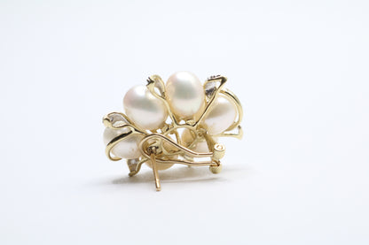 14K Yellow Gold Fancy Cluster Diamond Pearl Earrings (14 Grams)
