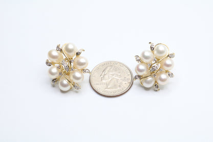 14K Yellow Gold Fancy Cluster Diamond Pearl Earrings (14 Grams)