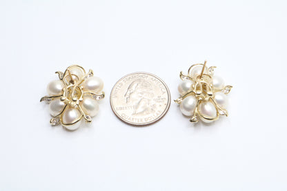 14K Yellow Gold Fancy Cluster Diamond Pearl Earrings (14 Grams)