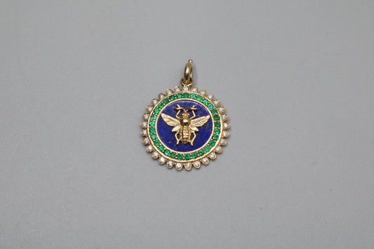 14K Yellow Gold Lapis Emerald Diamond Minnie Medallion Charm (7.8 Grams)