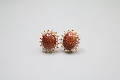 14k Yellow Gold Oval Brown Sunstone Earring