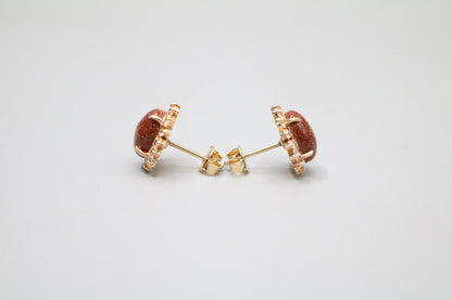 14k Yellow Gold Oval Brown Sunstone Earring