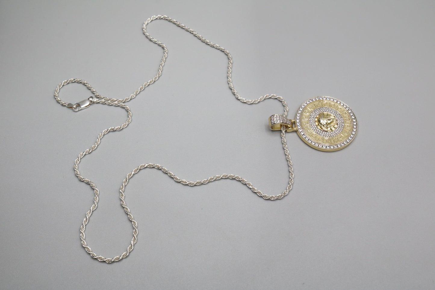 Silver Rope Style Chain W/ Medusa Pendant (Size 29")