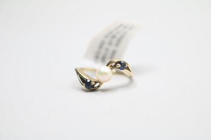 14k Yellow Gold Blue Stone Bypass With Center Pearl (Size 3 1/2)