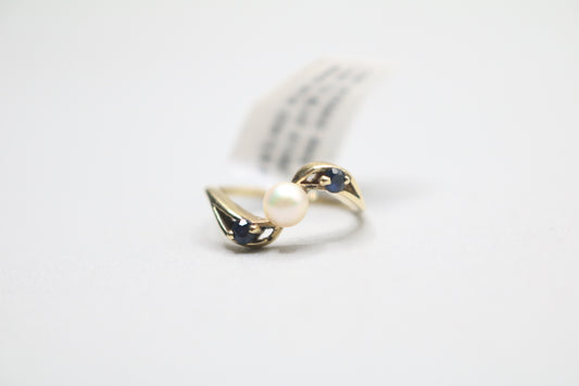 14k Yellow Gold Blue Stone Bypass With Center Pearl (Size 3 1/2)