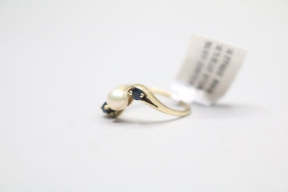 14k Yellow Gold Blue Stone Bypass With Center Pearl (Size 3 1/2)