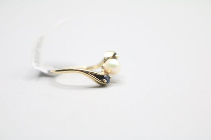 14k Yellow Gold Blue Stone Bypass With Center Pearl (Size 3 1/2)