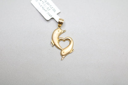 14k Yellow Gold Double Dolphin Heart Charm