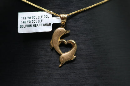 14k Yellow Gold Double Dolphin Heart Charm