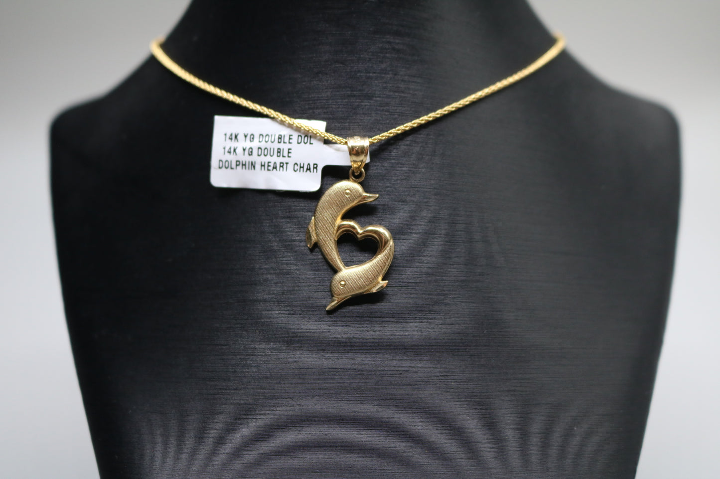 14k Yellow Gold Double Dolphin Heart Charm