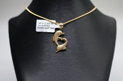 14k Yellow Gold Double Dolphin Heart Charm