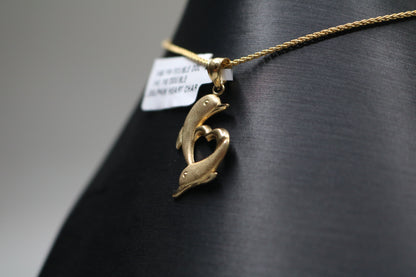 14k Yellow Gold Double Dolphin Heart Charm