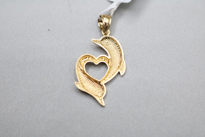 14k Yellow Gold Double Dolphin Heart Charm