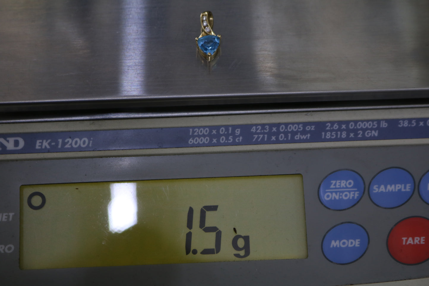 14k Yellow Gold Blue Stone Triangle Charm w/Clear Stones