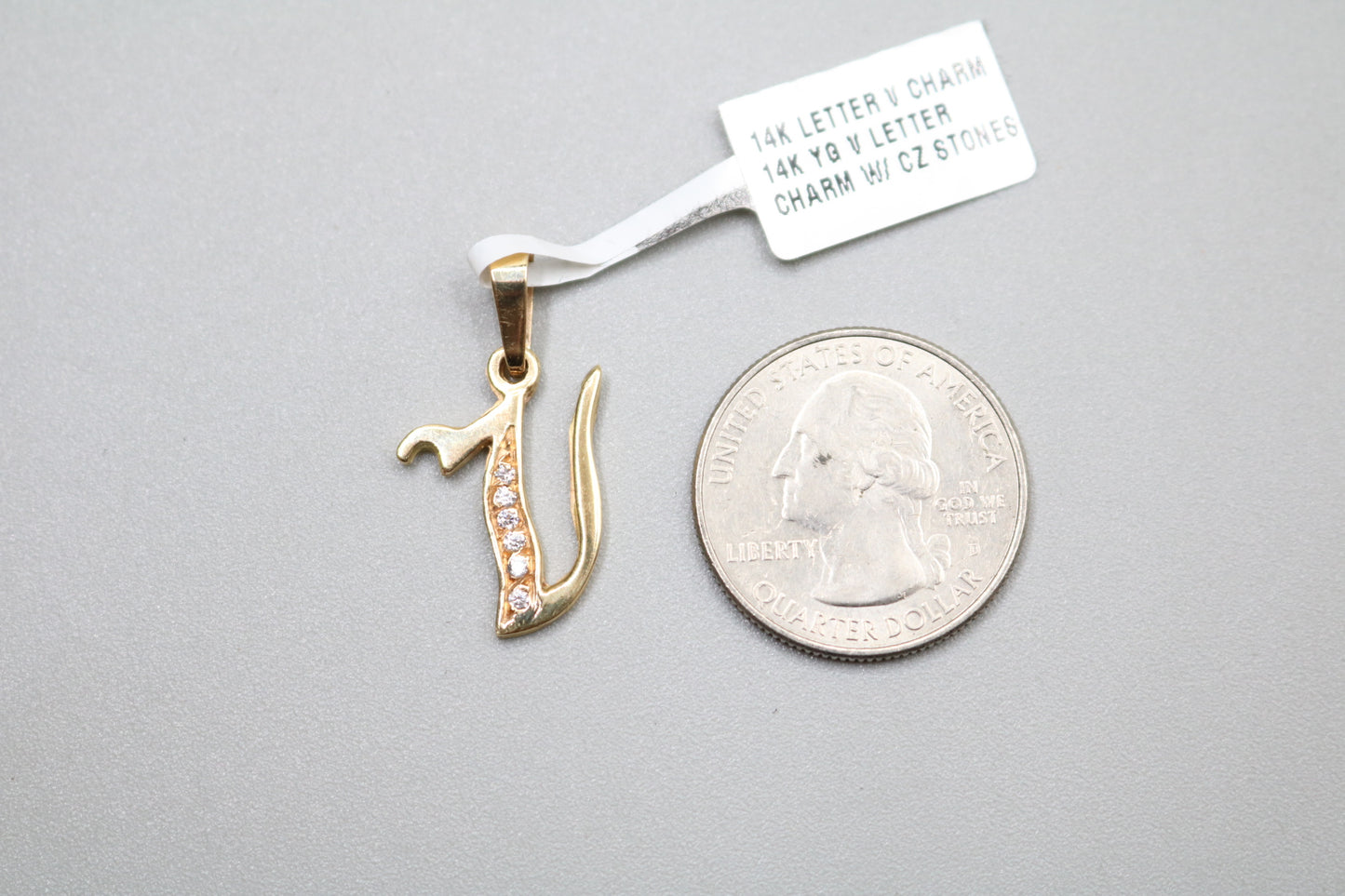 14k Letter V Charm w/Clear Stone