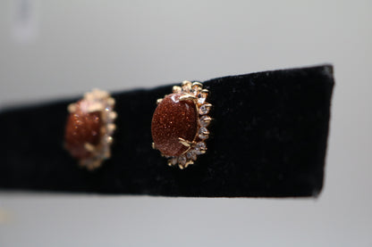 14k Yellow Gold Oval Brown Sunstone Earring