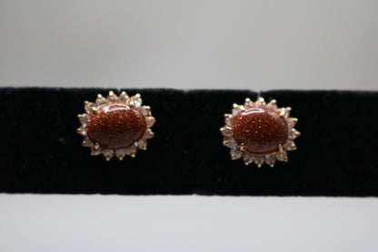 14k Yellow Gold Oval Brown Sunstone Earring