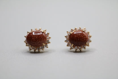 14k Yellow Gold Oval Brown Sunstone Earring