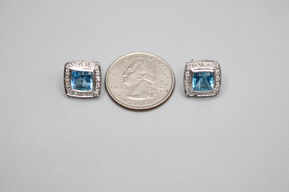 14K White Gold Cushion Cut Topaz and Diamond Earrings