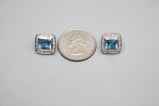 14K White Gold Cushion Cut Topaz and Diamond Earrings