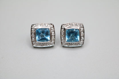 14K White Gold Cushion Cut Topaz and Diamond Earrings