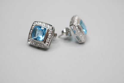 14K White Gold Cushion Cut Topaz and Diamond Earrings