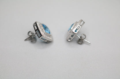 14K White Gold Cushion Cut Topaz and Diamond Earrings