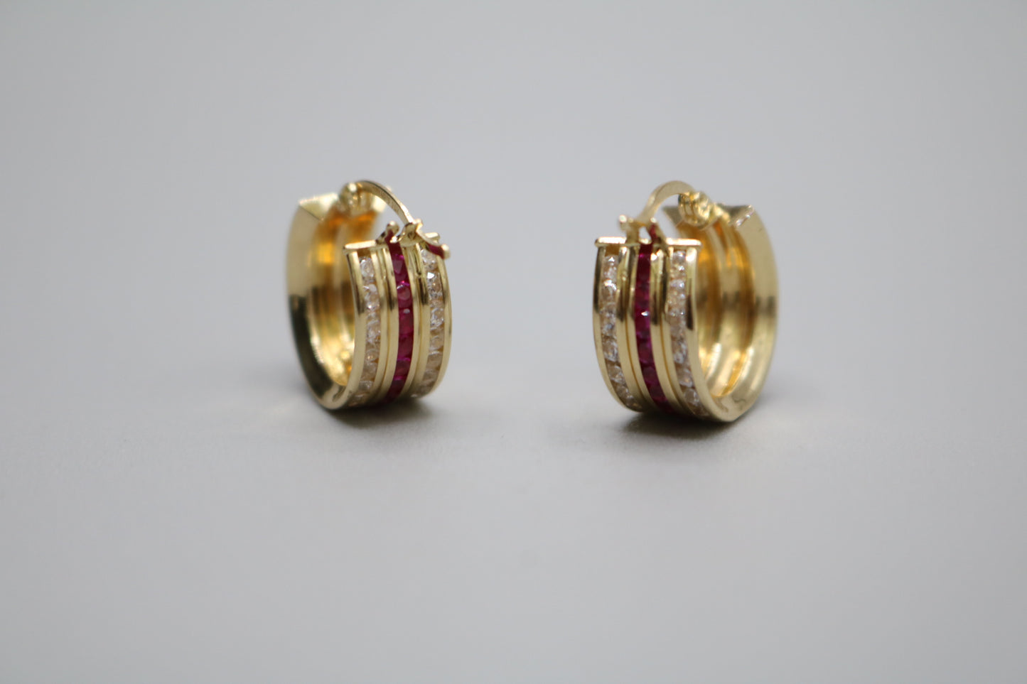 14K Yellow Gold Hoop Earrings W/ Red Rubies & Cubic Zirconia