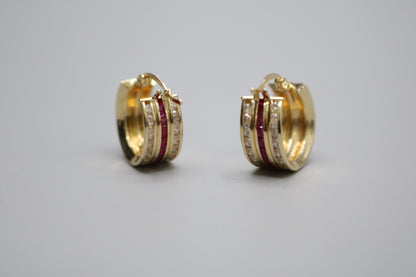 14K Yellow Gold Hoop Earrings W/ Red Rubies & Cubic Zirconia