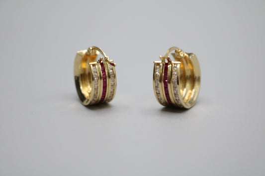14K Yellow Gold Hoop Earrings W/ Red Rubies & Cubic Zirconia