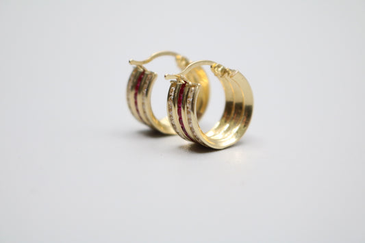 14K Yellow Gold Fancy Style Hoop Earrings W/ Red Rubies & Cubic Zirconia