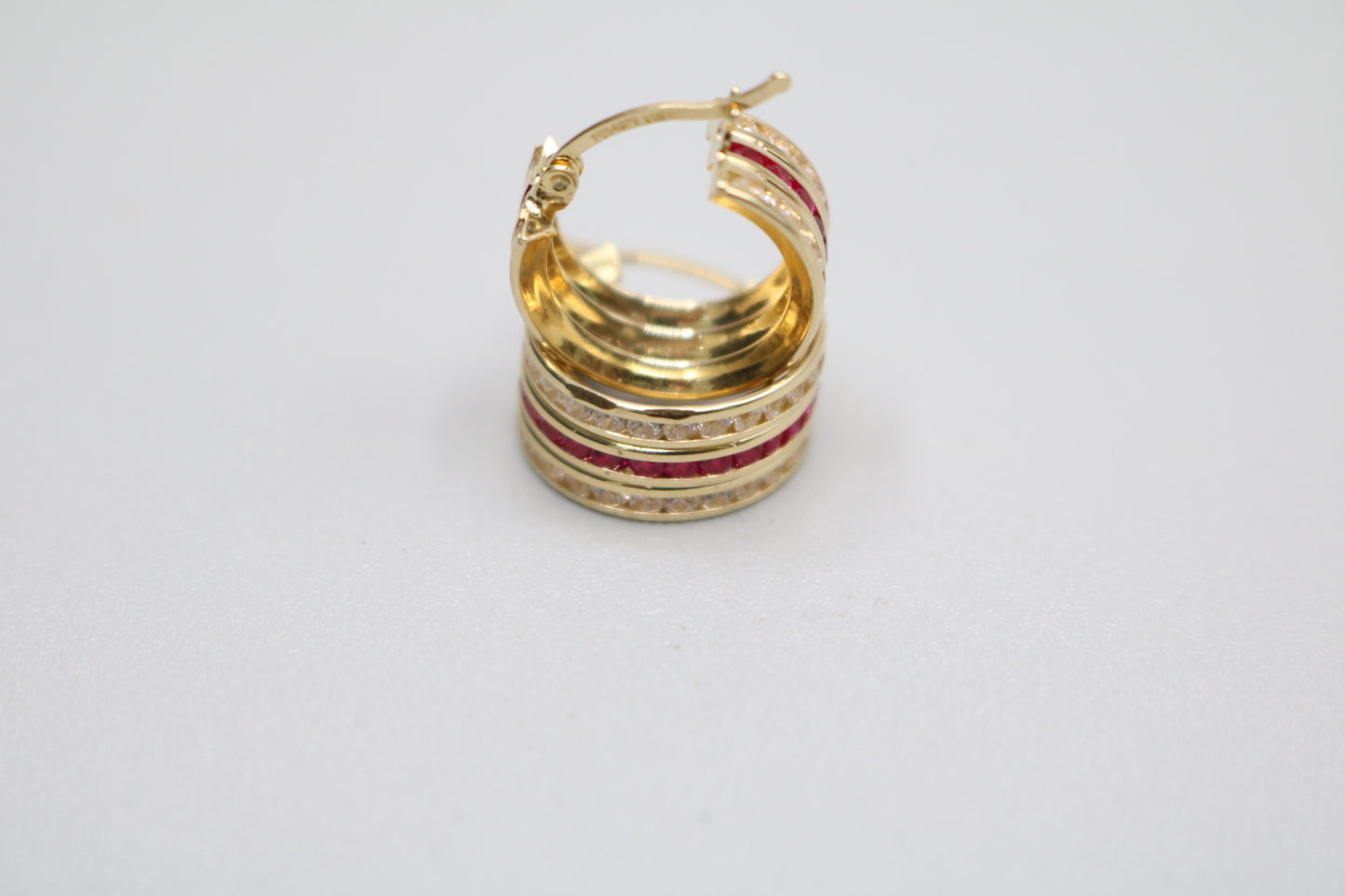 14K Yellow Gold Fancy Style Hoop Earrings W/ Red Rubies & Cubic Zirconia