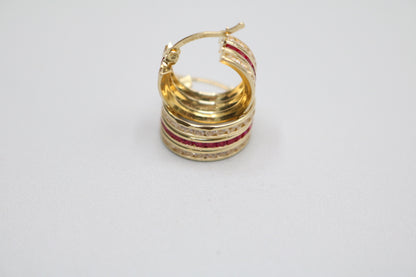 14K Yellow Gold Hoop Earrings W/ Red Rubies & Cubic Zirconia