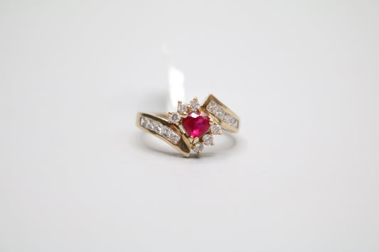 10K Yellow Gold Ruby Heart Bypass Ring (Size 6 3/4