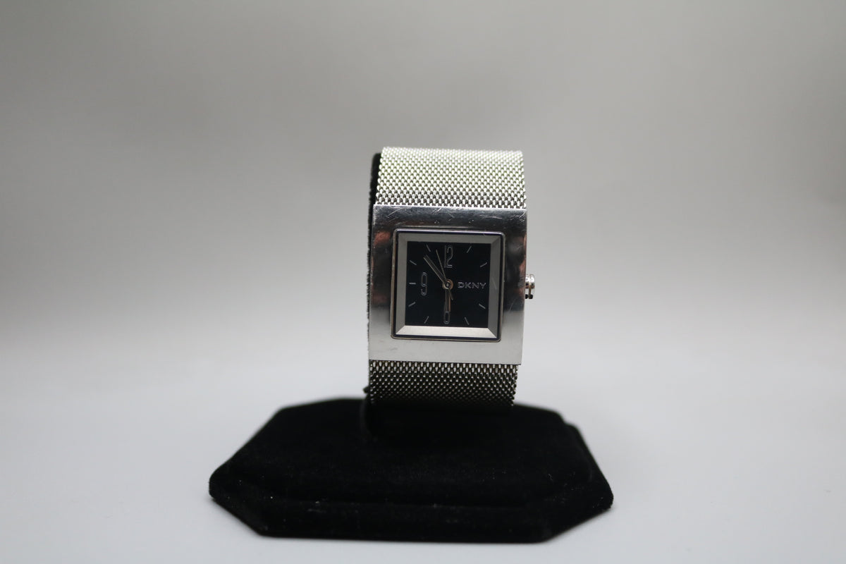 Ladies DKNY Black Square Dial Mesh Stainless Steel Silver Tone Bracelet Watch