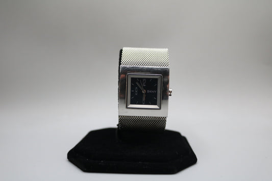 Ladies DKNY Black Square Dial Mesh Stainless Steel Silver Tone Bracelet Watch