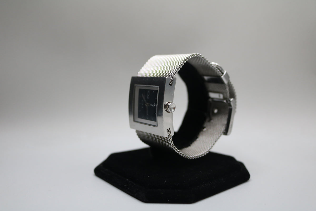 Ladies DKNY Black Square Dial Mesh Stainless Steel Silver Tone Bracelet Watch