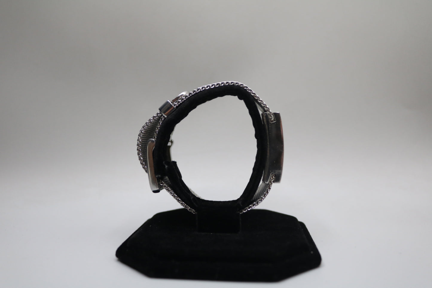 Ladies DKNY Black Square Dial Mesh Stainless Steel Silver Tone Bracelet Watch