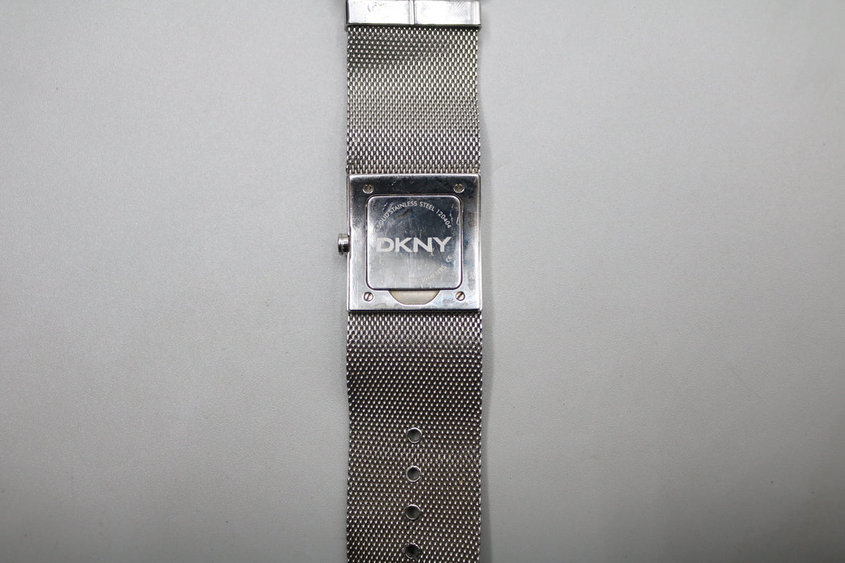 Ladies DKNY Black Square Dial Mesh Stainless Steel Silver Tone Bracelet Watch